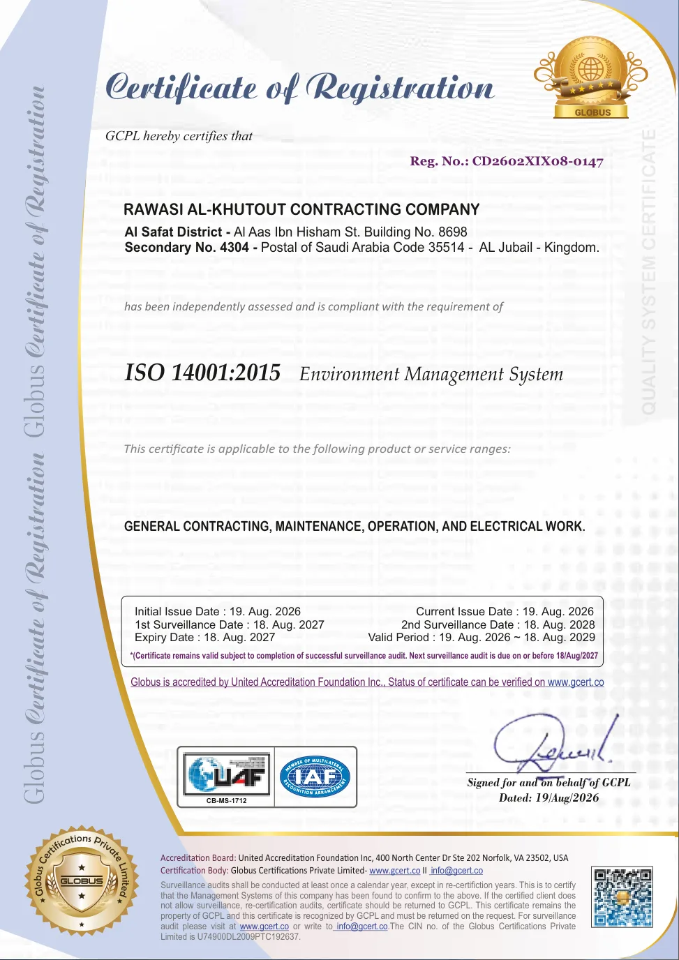 ISO 14001:2015 Environmental Management System — Rawasi Al-Khutout Contracting