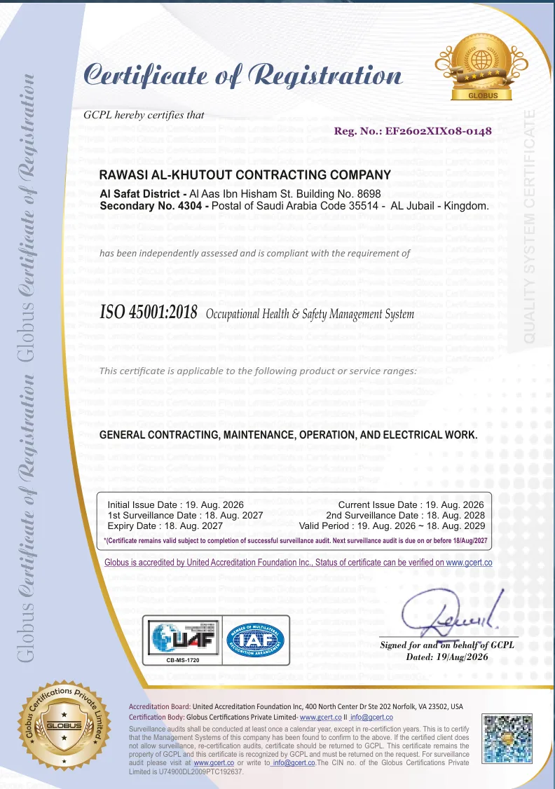 ISO 45001:2018 Occupational Health & Safety Management System — Rawasi Al-Khutout Contracting